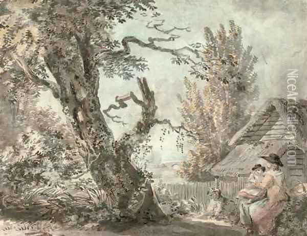 A mother and child seated in a garden Oil Painting - Paul Sandby