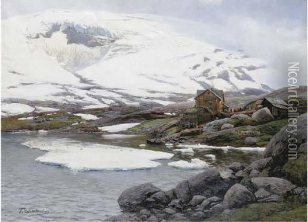 Am Ewigen Schnee Bei Djupvaihytte: At The Foot Of A Glacier Oil Painting - Themistocles Von Eckenbrecher