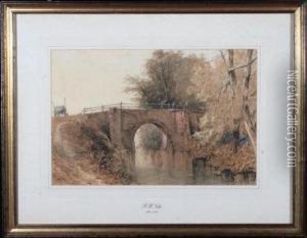 River Scene With A Single-span Bridge Oil Painting - Richard Henry Nibbs