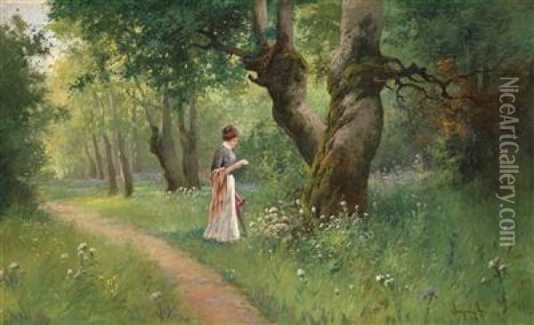 Young Lady Reading In A Spring Landscape Oil Painting - Antal Neogrady