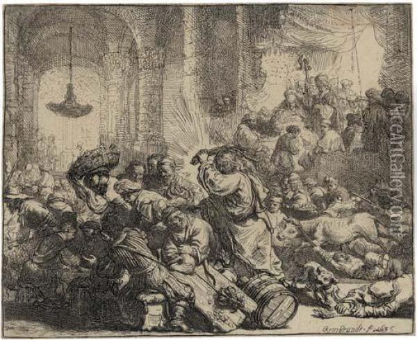 Christ Driving The Money Changers From The Temple Oil Painting - Rembrandt Van Rijn