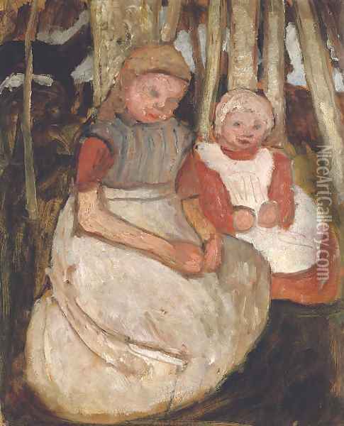 Zwei sitzende Madchen vor Birkenstammen Oil Painting - Paula Modersohn-Becker