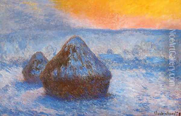 Grainstacks At Sunset Snow Effect Oil Painting - Claude Oscar Monet
