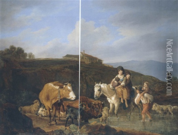 Vieh Und Reiter In Italienischer Landschaft Oil Painting - Wilhelm Alexander Wolfgang von Kobell