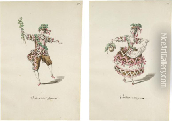 Two Pairs Of Designs For Theatrical Costumes: Vendemiatori And Vendemiatrici; And Boemo Primo Ballerino And Boema Oil Painting - Leonardo Marini
