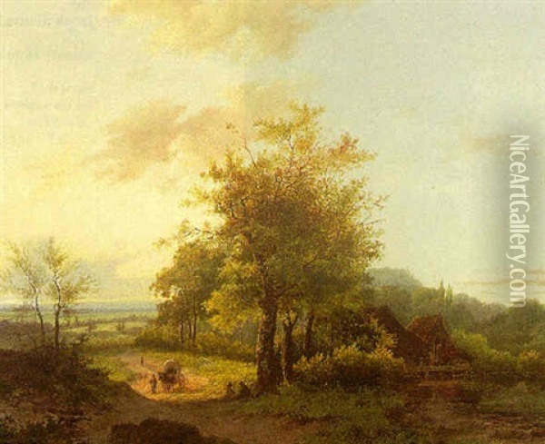 A Wooded Landscape With Traveller With A Cart On A Path Oil Painting - Marinus Adrianus Koekkoek