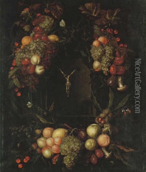 Blomsterprydd Kartusch Med Krusifix Oil Painting - Alexander Coosemans