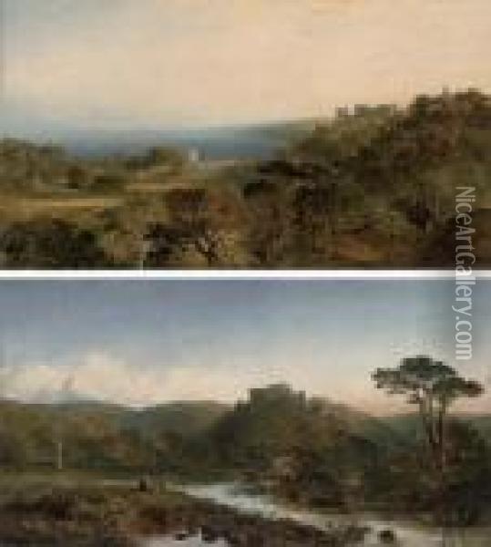Dunster Castle, Somerset, 
Looking West Towards Dunkery Beacon, The River Anvill In The Foreground;
 And Dunster Castle, From Grobfast Hill Overlooking Blue Anchor Bay Oil Painting - Edmund John Niemann, Snr.