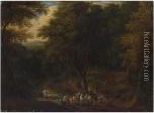 A Wooded Landscape With Figures On A Path, Shepherds With Their Herd Beyond Oil Painting - Peeter Bout