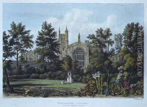 Winchester College from the Wardens Garden, from History of Winchester College, part of History of the Colleges, engraved by Joseph Constantine Stadler (fl.1780-1812) pub. by R. Ackermann, 1816 Oil Painting - William Westall