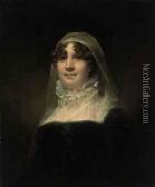 Portrait Of A Lady, Said To Be 
Mrs. Jane Hodgson (1749/50-1814), Wife Of Mr V. Giles, Bust-length, In A
 Black Dress, With A Lace Collar And Head Dress Oil Painting - Sir Henry Raeburn