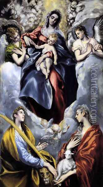 The Virgin and Child with St Martina and St Agnes 1597-99 Oil Painting - El Greco (Domenikos Theotokopoulos)