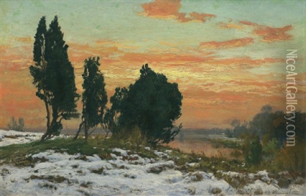 Early Snow. Sunset Oil Painting - Michael Gorstkin-Wywiorski