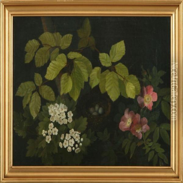 Bird's Nest Betweenflowers And Beech Leaves Oil Painting - I.L. Jensen
