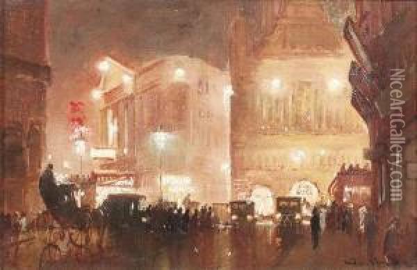Piccadilly Circus By Night. 
River Thames By Night. Haymarket By Night. A Series Of Three Paintings.
 Oil/cardboard, Signed, Verso Label Of The Art Dealer S. Coombes, 175 
Strand, W.c. London Oil Painting - George Hyde Pownall