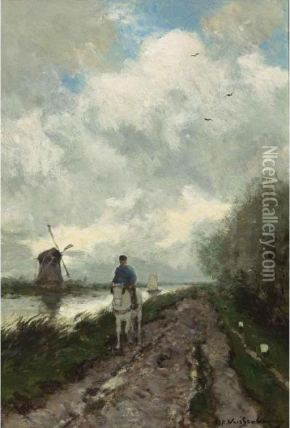 On The Tow Path Along The River Amstel Oil Painting - Jan Hendrik Weissenbruch