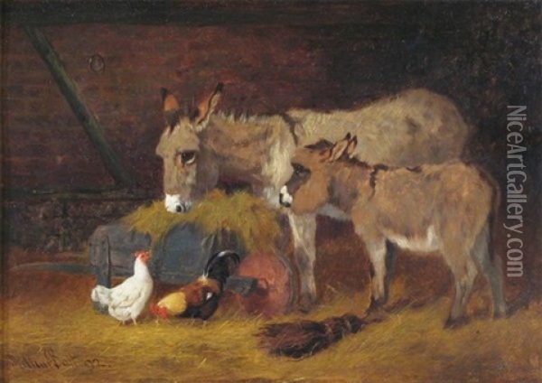 Donkeys And Chickens In A Stable Oil Painting - Arthur Batt