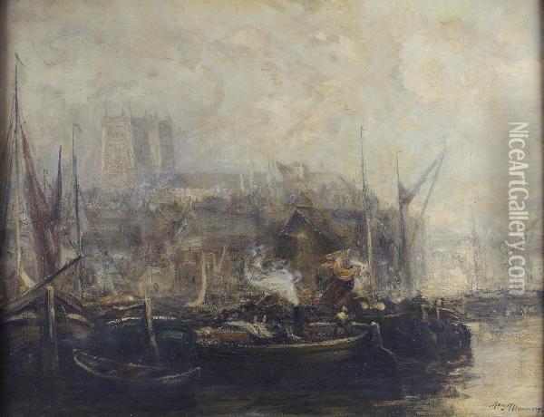 View Of Westminster And The Thames From Vauxhall Bridge Oil Painting - William Mouncey