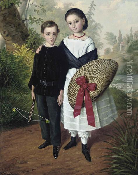 Portrait Of A Brother And Sister, Full-length, He In A Black Suitholding A Bow, She In A White Dress With A Black Shawl Holding Ahat, In A Landscape Oil Painting - Thomas Henwood