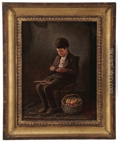 Young Boy Cracking Nuts Oil Painting - John Donaghy