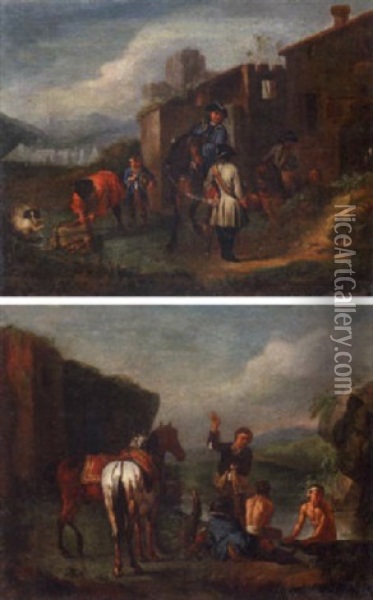 Cavalry Officers Bathing Beside Ruins In An Italianate Landscape Oil Painting - Pieter van Bloemen