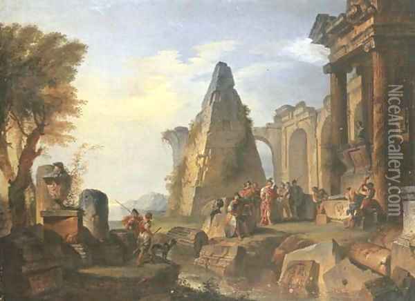 An architectural capriccio with Alexander visiting the Tomb of Achilles Oil Painting - Giovanni Paolo Panini