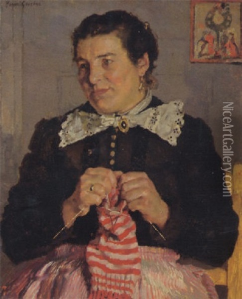 A Lady Knitting Oil Painting - Hermann Groeber