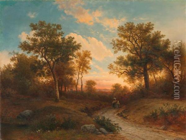 Forest Landscape At Sunset With Mother And Child Oil Painting - Willem De Klerk
