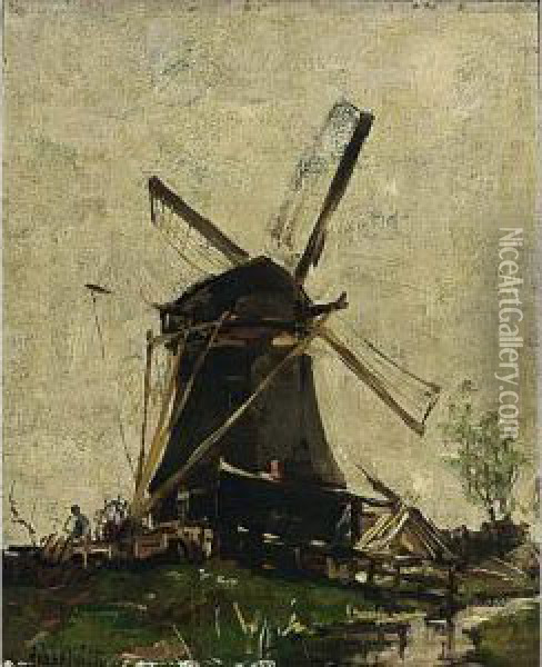 A Polderlandscape With A Windmill Oil Painting - Hobbe Smith