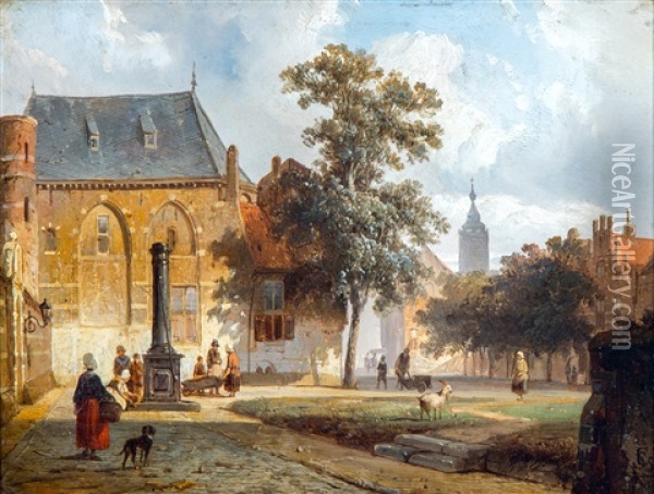 Figures Conversing In A Dutch Town On A Sunny Day Oil Painting - Cornelis Springer