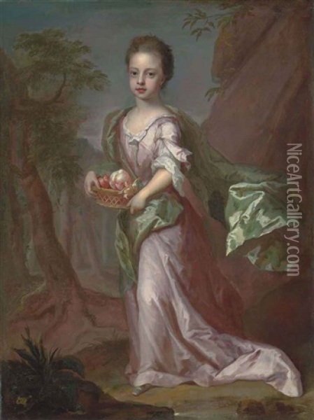 Portrait Of A Girl, Traditionally Identified As Eleonora Leijoncrona, Full-length, In A Pink Dress And Green Shawl, Holding A Basket Oil Painting - Michael Dahl