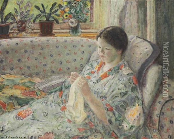 Girl Sewing (the Chinese Robe) Oil Painting - Frederick Carl Frieseke