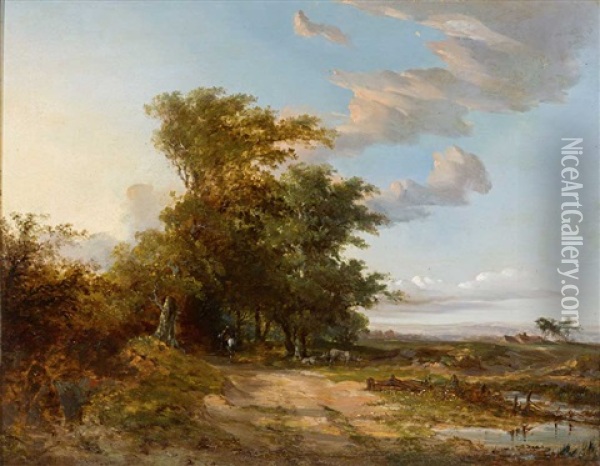 Niederrheinische Landschaft Mit Reiterfigur Oil Painting - Barend Cornelis Koekkoek
