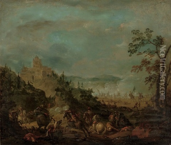 A Cavalry Skirmish With A Fortified Town Beyond Oil Painting - Paul Bredael
