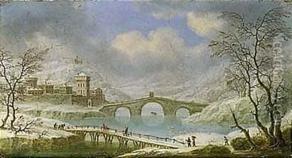 A Winter Landscape With Figures Crossing A Bridge, A Town Beyond Oil Painting - Orazio Grevenbroeck