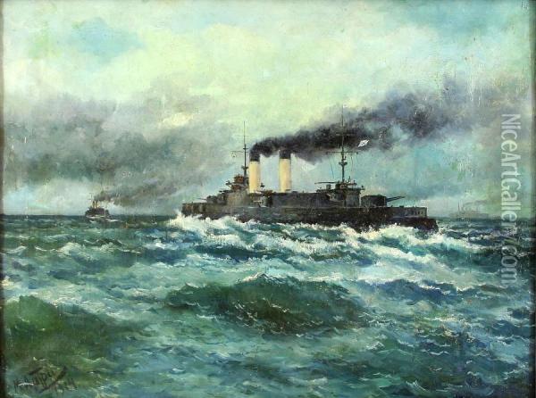 Russisches Kriegsschiff 'zessarewitsch' Mit Begleitschiff Auf Hoher See Oil Painting - Mikhail Pelopidovich Latri
