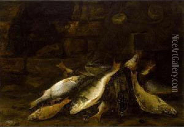 A Pike, Perch And Other Fish On A Bank Oil Painting - Jakob Gillig