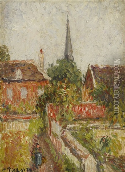 La Maison De La Sourde Et Le Clocher D'eragny Oil Painting - Camille Pissarro