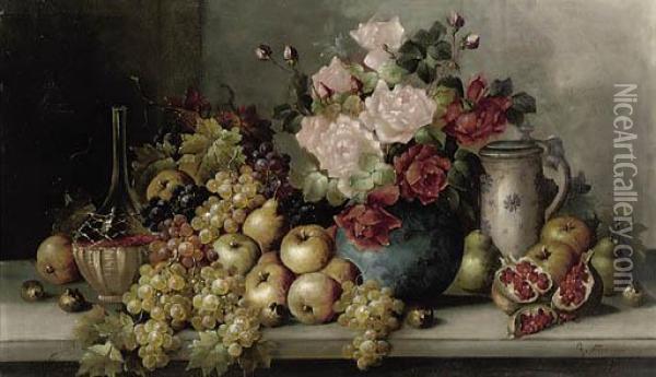 Pomegranates, Pears, Apples, Grapes, Figs, A Bottle, Jug, And A Vase Of Roses On A Stone Ledge Oil Painting - Charles Fournier