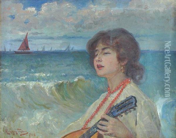 Dziewczyna Z Mandolina Na Tle Morza Oil Painting - Maurycy Trebacz