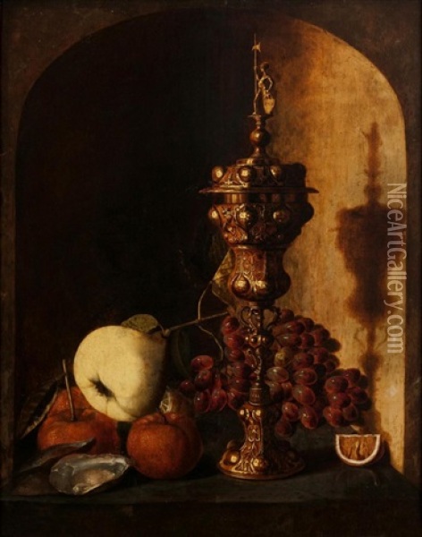 Grapes, A Pear, An Apple, A Lemon, Oysters And A Silver Oil Painting - Pieter Van Den Bosch