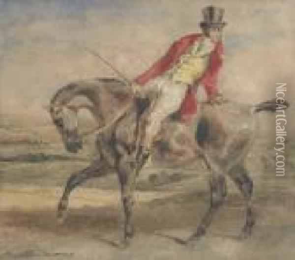Un Homme En Veste Rouge A Cheval, Tourne Vers L'arriere, Dans Un Paysage Oil Painting - Eugene Delacroix