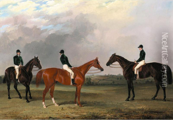 A Chestnut And Two Bay Racehorses Belonging To John Bowes With Jockeys Up Oil Painting - John Dalby Of York