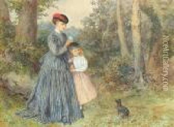 Mother And Daughter With Dog In A Woodland Oil Painting - Charles Green