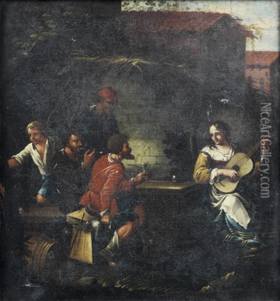 Figures Smoking And Making Music In A Courtyard Oil Painting - Michelangelo Cerquozzi