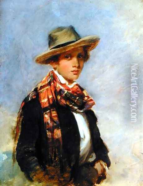 Portrait of a Youth with a Tartan Scarf Oil Painting - John Phillip