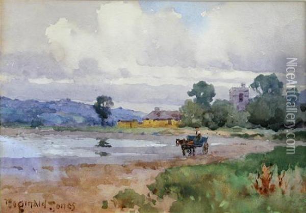 A Pony And Cart Going Along A River Bank Oil Painting - Reginald T. Jones