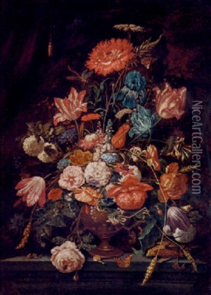Roses, Carnations, Parrot Tulips, Narcissi And Other Flowers In An Urn On A Ledge, With A Snail, Butterfly And Dragonfly, Before A Curtain Oil Painting - Abraham Mignon