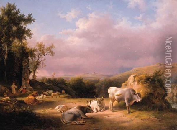 Buffaloes In The Roman Campagna 
At Sunset With Cattle, Shepherdsand Tavellers By A Ruined Wall Beyond Oil Painting - Lievine Teerlink