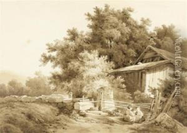 Landscape With Three Children Before A Barn Oil Painting - Robert Zund